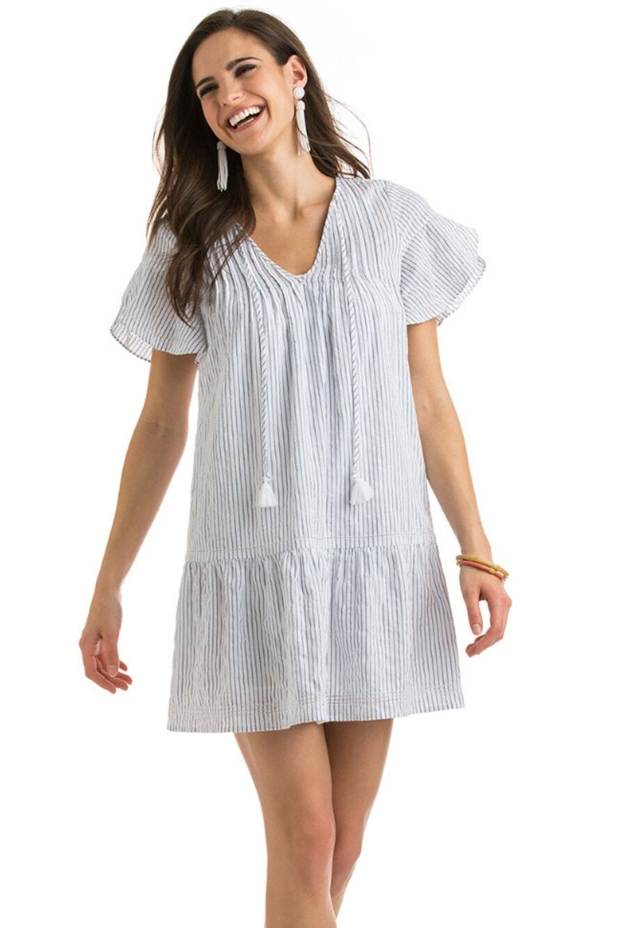 Vineyard Vines Women's Dress Size 2 Striped Pintuck Flutter Sleeve Navy White